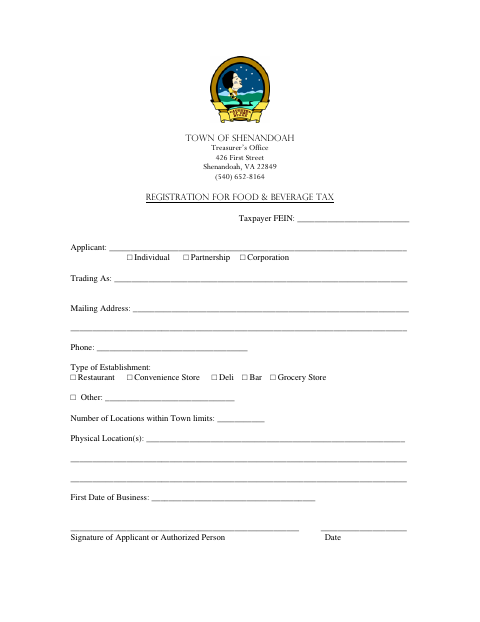 First page of the Food & Beverage Tax Registration