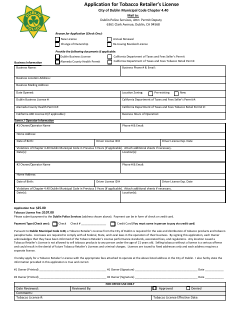 First page of the Application for Tobacco Retailer’s License