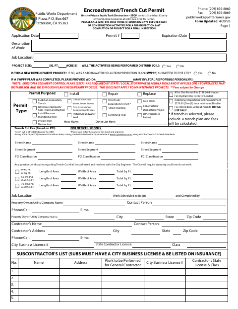 First page of the Encroachment/Trench Cut Permit