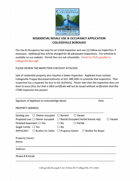 First page of the Residential Resale Use & Occupancy Application and Checklist