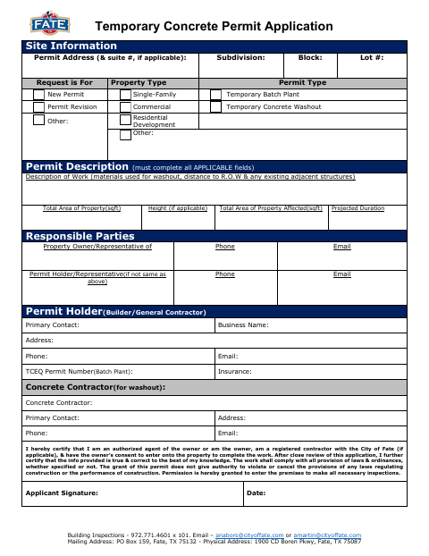 First page of the Temporary Concrete Permit Application