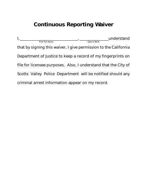 First page of the Continuous Reporting Waiver