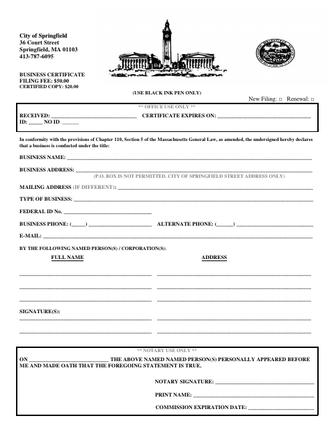 First page of the Business Certificate