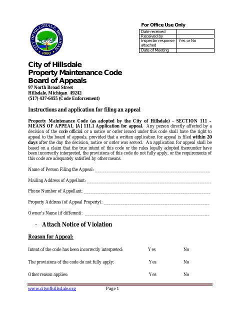 First page of the Property Maintenance Code Appeal Application