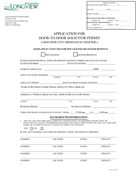 First page of the Application For Door-To-Door Solicitor Permit