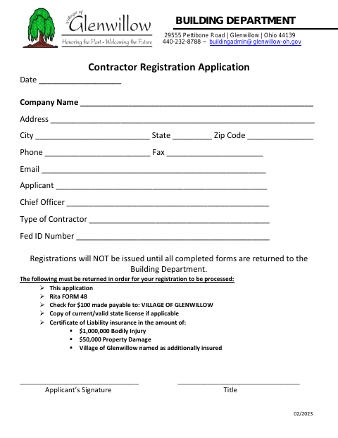 First page of the Contractor Registration Application