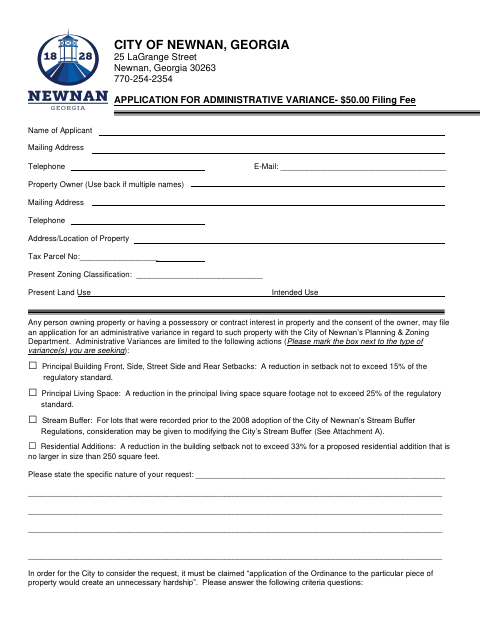 First page of the Application for Administrative Variance