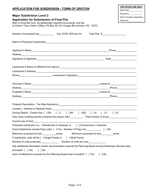 First page of the Application for Subdivision – Final Plat