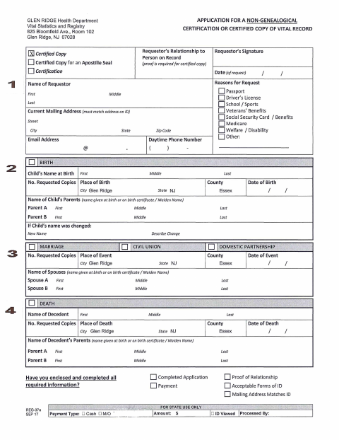 First page of the Application for a Vital Record