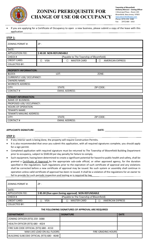 First page of the Zoning Prerequisite for Change of Use or Occupancy