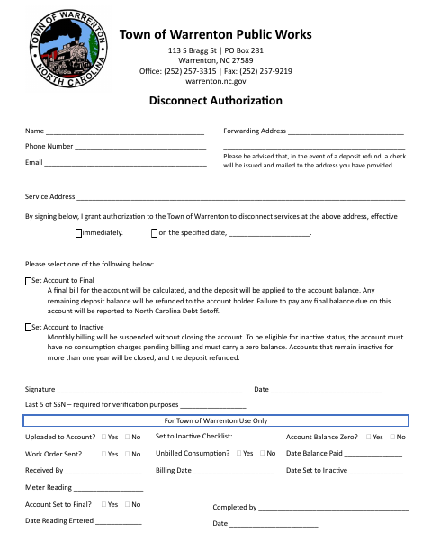 First page of the Disconnect Authorization