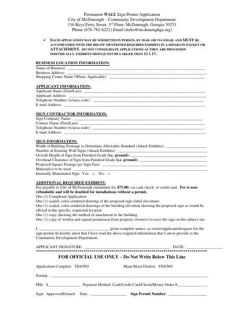 First page of the Permanent Wall Sign Permit Application