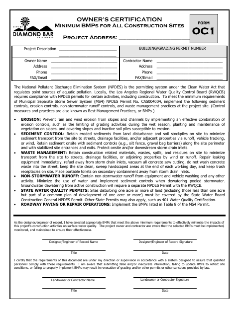 First page of the Owner’s Certification
