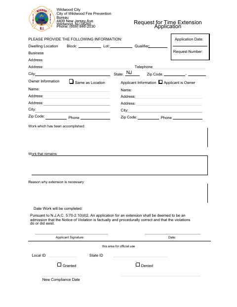 First page of the Request for Time Extension Application