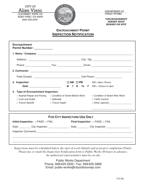 First page of the Encroachment Permit Inspection Notification