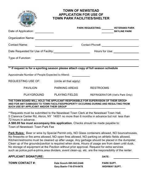 First page of the Application for Use of Town Park Facilities and Shelter