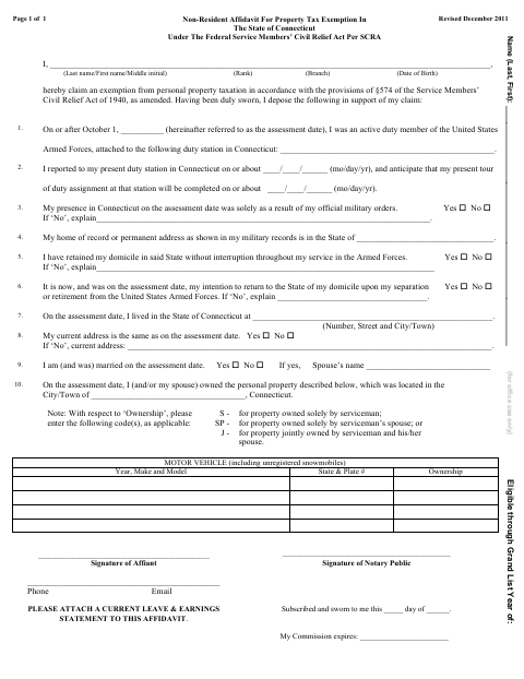First page of the Military Vehicle Property Tax Exemption Affidavit