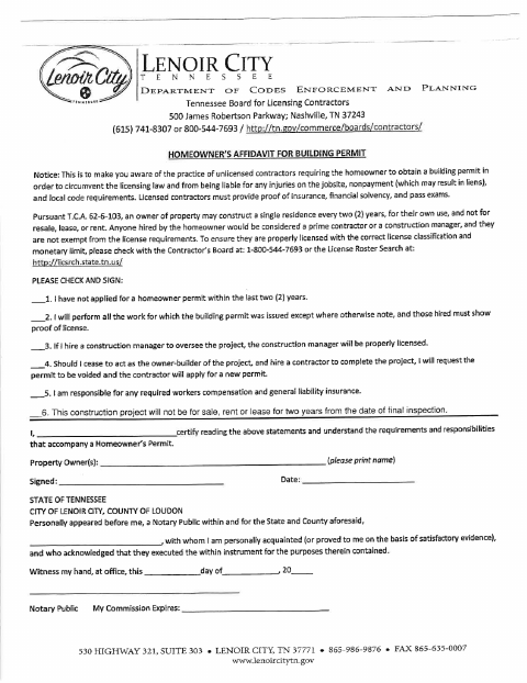 First page of the Homeowner’s Affidavit for Building Permit