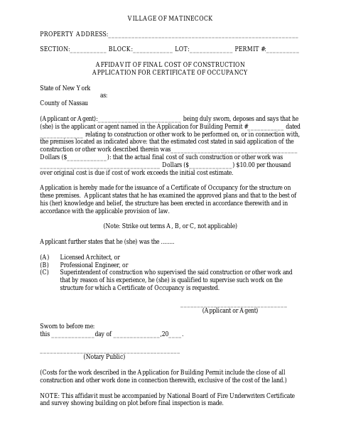 First page of the Affidavit of Final Cost of Construction