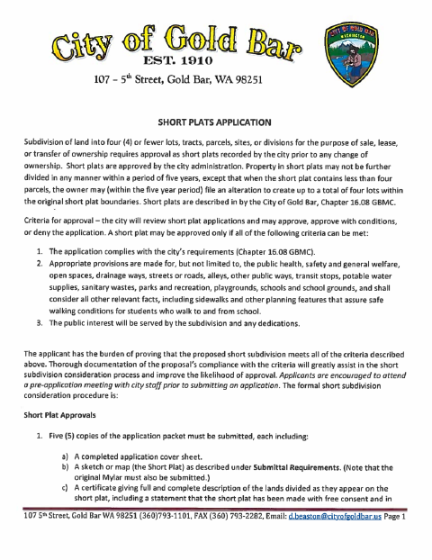 First page of the Short Plat Application