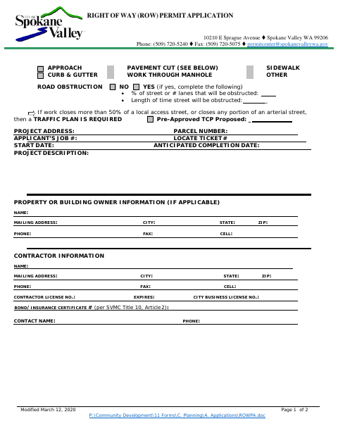 First page of the Right of Way Permit Application