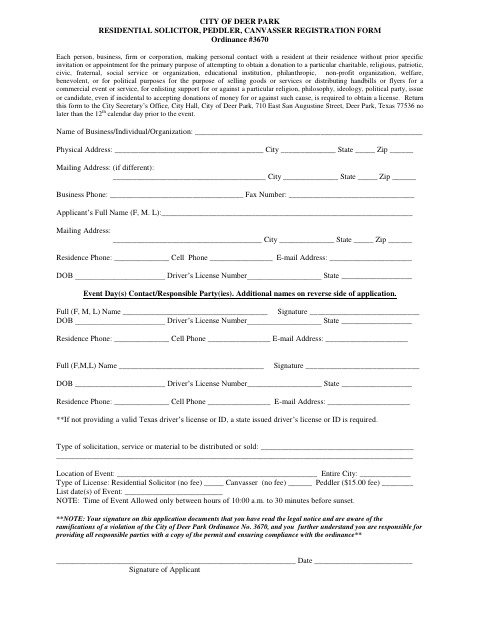First page of the Residential Solicitor, Peddler, Canvasser Registration Form