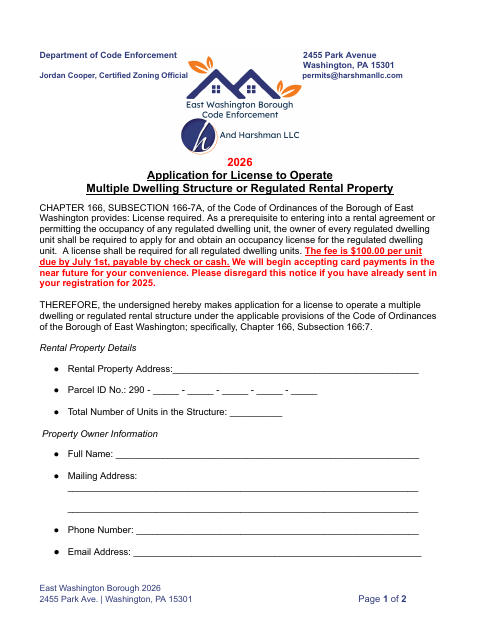 First page of the Application for License to Operate Multiple Dwelling Structure or Regulated Rental Property