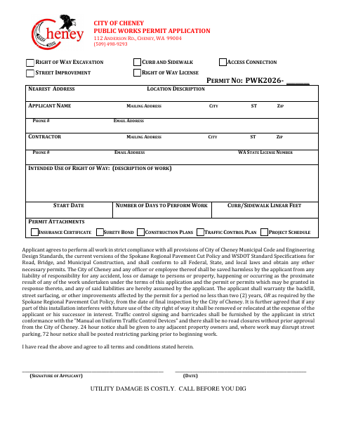 First page of the Public Works Permit Application