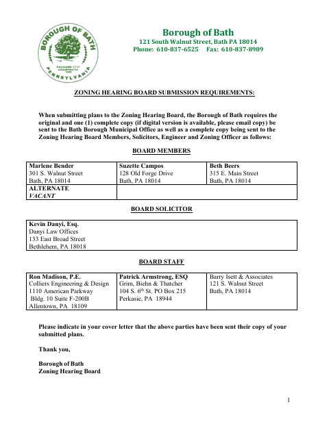 First page of the Zoning Hearing Board Application