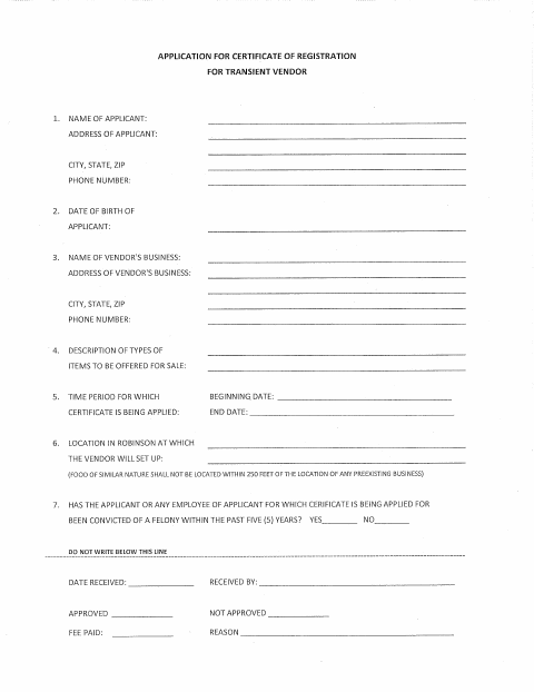 First page of the Transient Vendor Food Truck Application