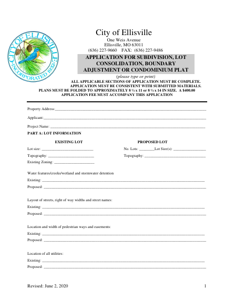 First page of the Application for Subdivision, Lot Consolidation, Boundary Adjustment or Condominium Plat