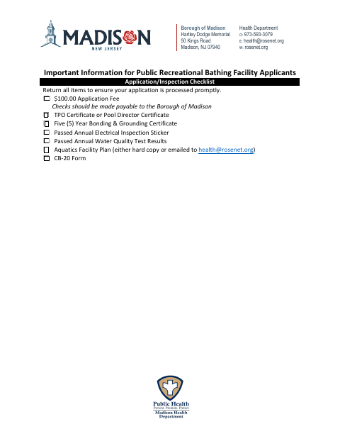 First page of the Application for License – Public Recreational Bathing Facility