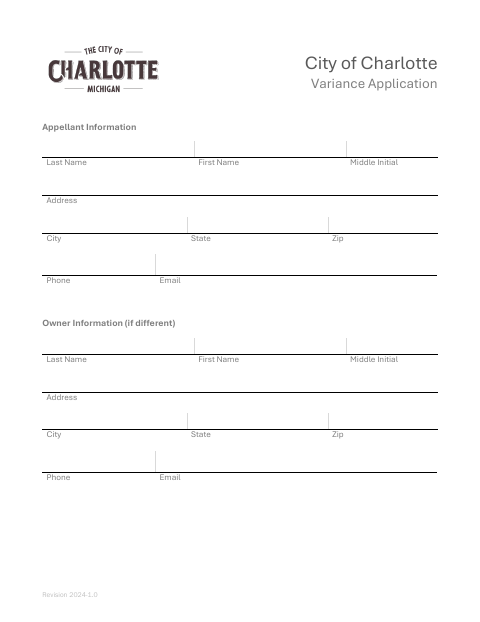 First page of the Variance Application