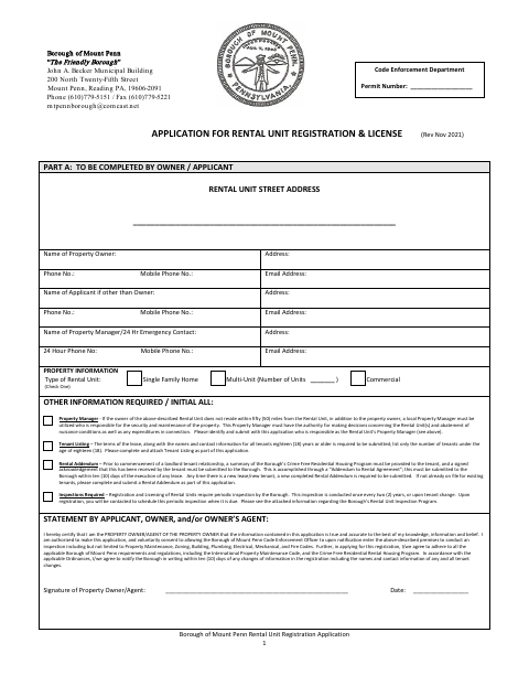 First page of the Rental Unit Registration Application