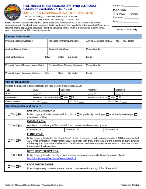 First page of the Preliminary Ministerial Review Clearance – Accessory Dwelling Units