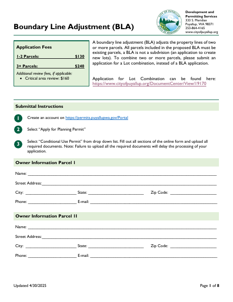 First page of the Boundary Line Adjustment Application