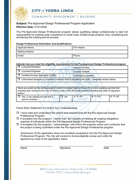 First page of the Pre-Approved Design Professional Program Application