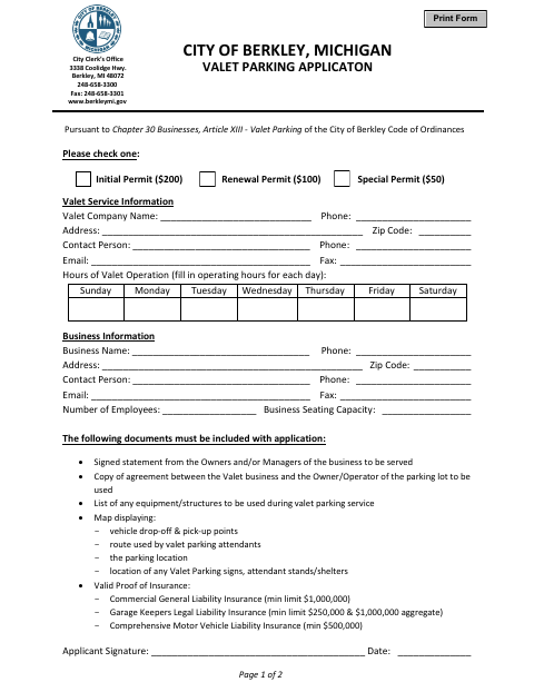 First page of the Valet Parking Application