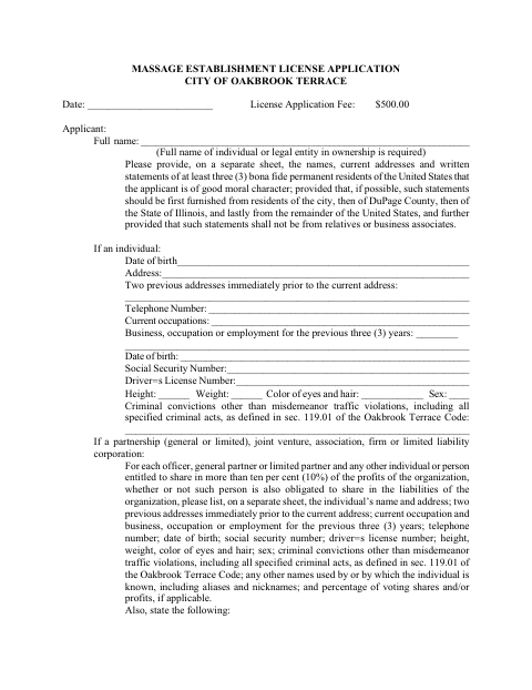 First page of the Massage Establishment License Application