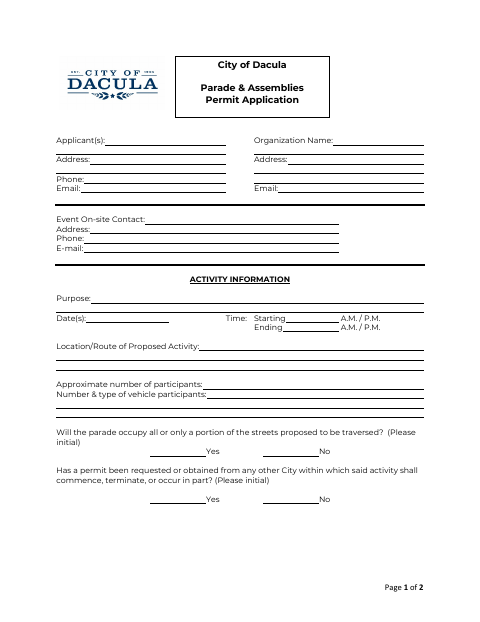 First page of the Parade & Assemblies Permit Application