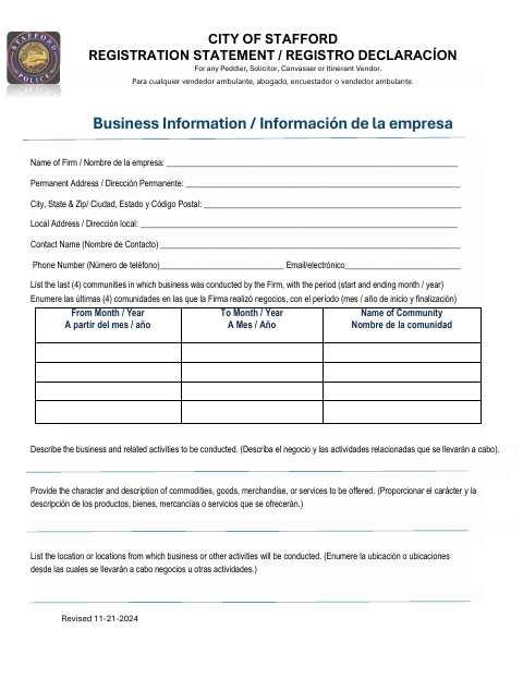 First page of the Peddler, Solicitor, Canvasser, and Itinerant Vendor Registration Statement