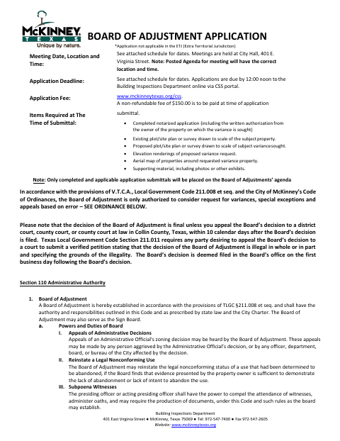 First page of the Board of Adjustment Application