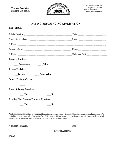First page of the Paving/Resurfacing Application