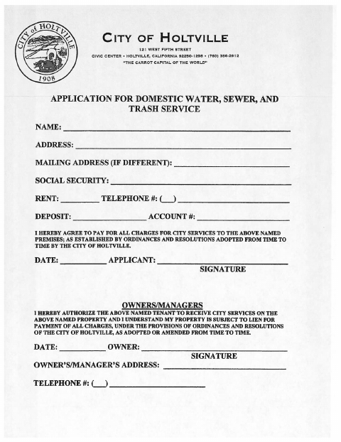 First page of the Application for Domestic Water, Sewer, and Trash Services
