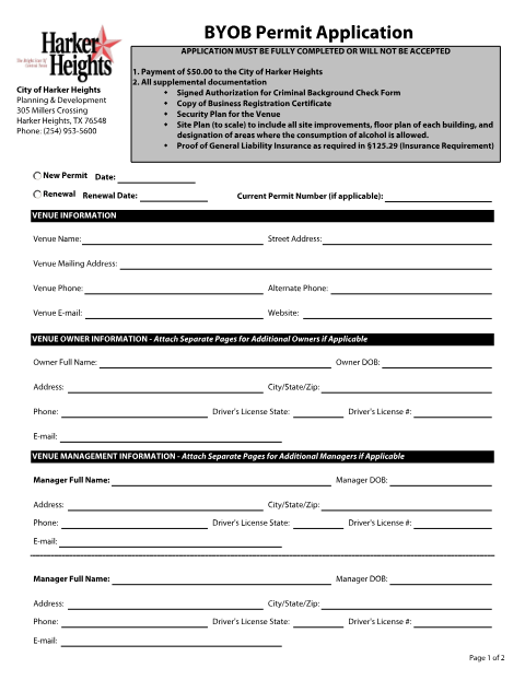 First page of the BYOB Business Permit Application