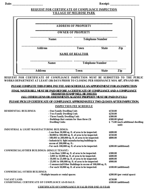 First page of the Certificate of Compliance Inspection Request