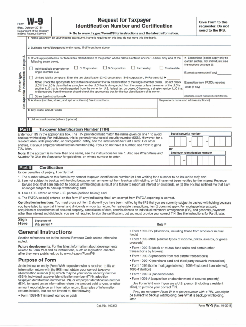First page of the W-9 Form