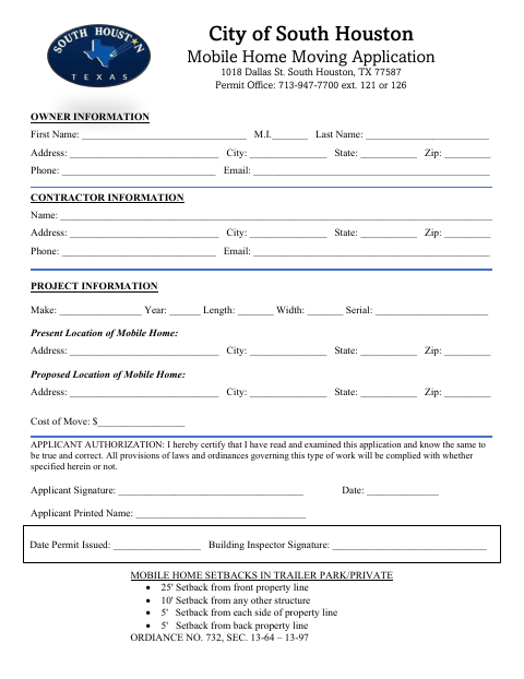 First page of the Mobile Home Moving Application