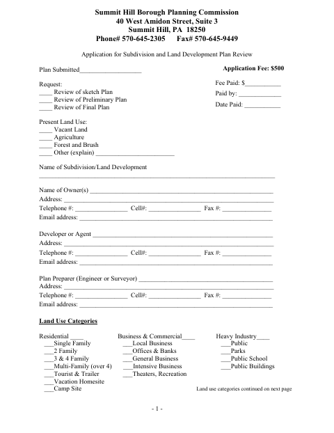 First page of the Application for Subdivision and Land Development Plan Review