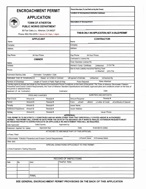 First page of the Encroachment Permit Application